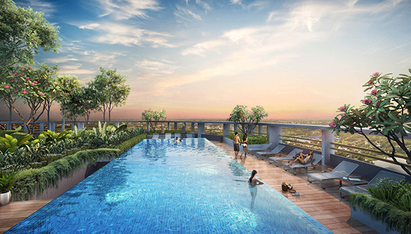 緑豊かな屋上庭園とスカイプール