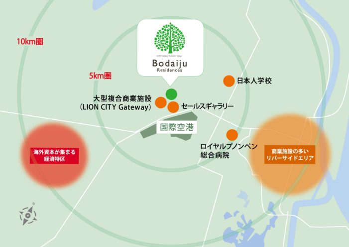 プノンペンで供給が過剰気味の都心部をあえて避けて、大型ショッピングモールの隣の空港前新開発エリアでの開発を選択。平米単価も都心部の物件の約半額の低価格に設定